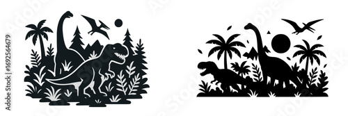 Set of two black and white dinosaur silhouettes in a prehistoric jungle landscape with Tyrannosaurus Rex, Brachiosaurus, and Pterodactyl among tropical palm trees and ferns