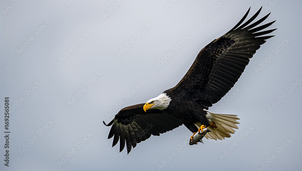 Naklejka premium Bald Eagle in Flight Catching Fish Above the Water Surface