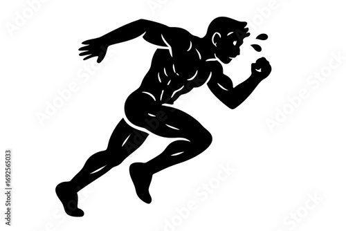 Dynamic silhouette of a fit man running and sweating during a workout. Athletic male character in a powerful sprinting motion for sport and fitness concepts