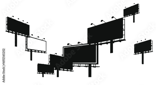 Multiple empty billboards arranged in a dynamic composition against a white background