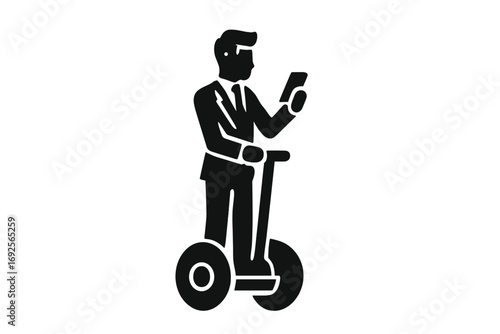 Businessman riding a self-balancing scooter and using a smartphone, black silhouette icon on a white background