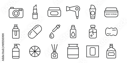 Beauty And Cosmetics Line Icons Set With Makeup And Skincare Products camera lipstick