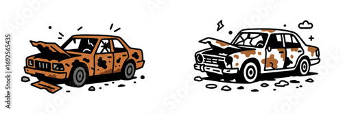 Two old wrecked cars with open hoods and rust spots in a stylized cartoon drawing isolated on a white background