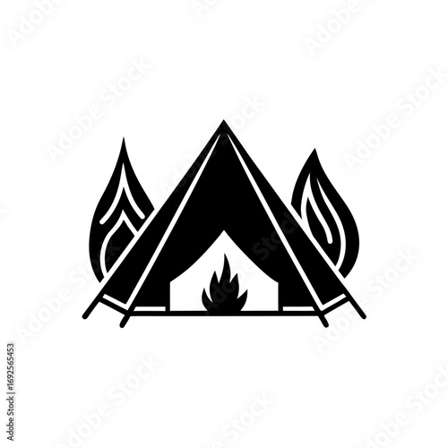 camping tent icon with campfire silhouette