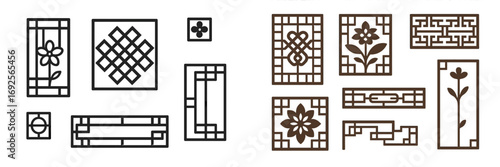 Set of traditional Korean window and door patterns with geometric and floral ornaments isolated on a white background