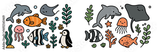 Cute cartoon sea animals collection with dolphin, fish, jellyfish, penguin, and stingray isolated on white background