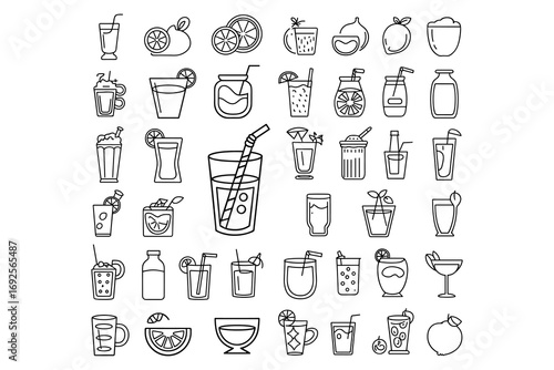 Assortment of refreshing drink icons in outline style glasses bottles and jars Keywords: drink, beverage, juice, cocktail