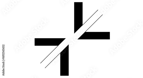 A minimalist black cross or plus sign symbol is bisected by a diagonal white band with thin outlines, creating a striking abstract graphic.