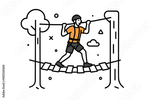 Person with safety gear crossing a challenging high ropes course bridge at an outdoor adventure park