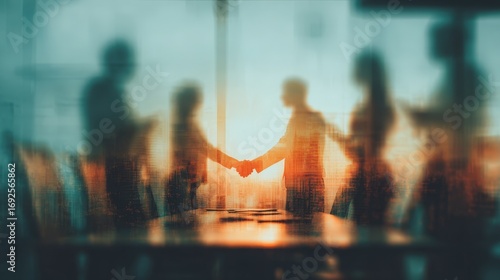 Blurred business people shaking hands in a modern office during sunset