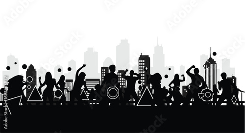 Energetic crowd celebrating life against a vibrant city skyline at night