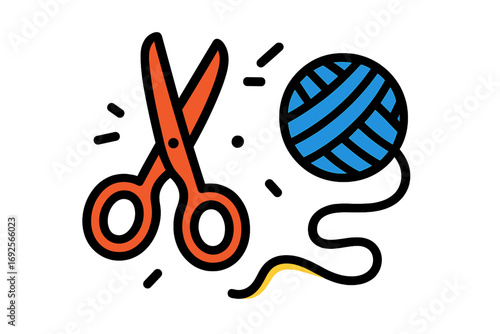 Colorful line art icon of scissors and a ball of yarn representing crafting, hobbies, needlework, sewing, and do-it-yourself activities on a white background