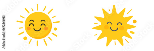 Cute smiling sun character icon set for weather forecast or summer design isolated on a white background