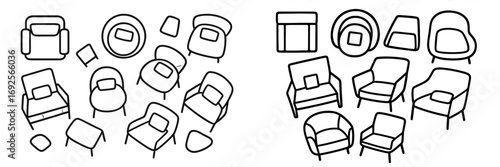 Furniture icons in line art style for architectural floor plans showing top view and isometric perspective