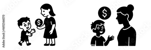 Black glyph icon set of a parent giving a child pocket money, representing concepts of allowance, financial education, family savings, and childhood economy