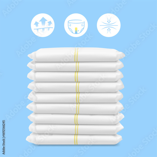 Stack of diapers, pants mockup. Vector illustration on colour background. Perfect for showing the diaper, its main parts and benefits. EPS10.