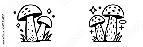 Set of two magical mushroom icons in a simple black and white doodle style for fantasy or nature themed designs