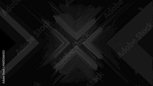 Abstract dark background with geometric lines and chevron shapes in monochrome tones