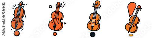 Set of four stylized violin icons with modern line art design for music and classical instrument concepts