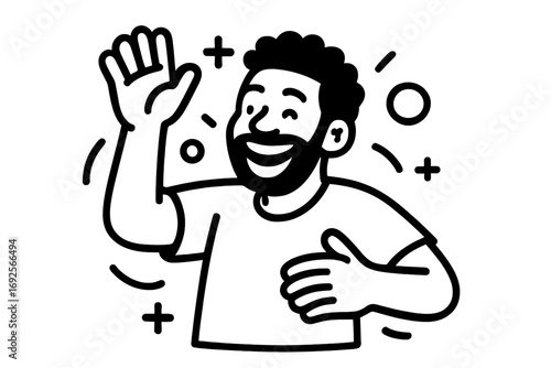 Happy bearded man with curly hair waving hello in a friendly greeting, simple black and white cartoon character icon