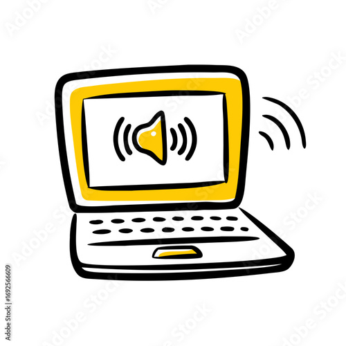 Laptop Streaming Podcast Episode hand drawing icon for web and graphic design