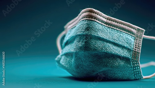 Close-up of a light teal face mask, angled, on a teal background