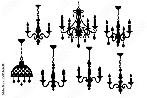 Set of black chandelier silhouettes with classic and modern designs isolated on a white background for interior design concepts