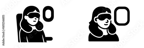 Woman passenger sleeping in an airplane seat with a sleep mask icon set, black and white glyph for travel, tourism, and rest on a white background