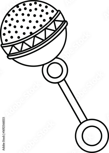 Baby rattle line drawing, infant toy vector, black and white outline, polka dot design, geometric handle shape, isolated icon, parenting concept, minimal style