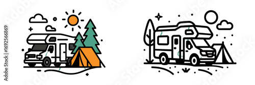 Day and night scenes of a camper van and tent at a campsite in the wilderness for an outdoor travel adventure