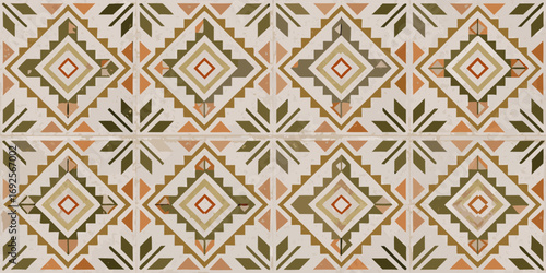 Seamless geometric tribal pattern with diamond shapes and earthy tones on a textured background