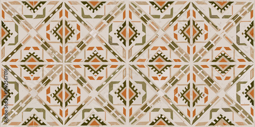 Geometric tribal pattern with earthy tones and distressed texture for textile design