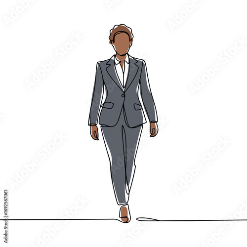 Simple black line art drawing of a businesswoman in a minimalist style on a white background.