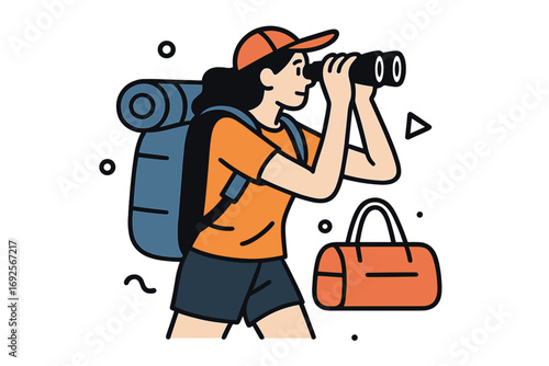 Female hiker with a backpack and camping gear looking through binoculars while exploring on a solo travel adventure