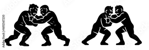 Two pairs of wrestlers in silhouette engaged in a grappling match for a combat sports competition or championship event