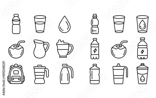 Collection of outline icons for drinks and containers with water drop symbols Keywords: water bottle, glass, drop, coconut