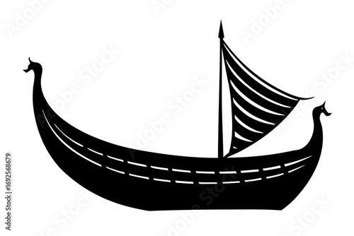 Black silhouette of a viking longship with sail