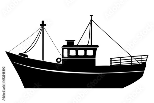 Black silhouette of a fishing trawler boat