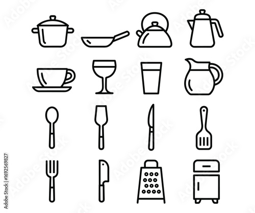 Kitchenware and cooking utensils line art icons on white background Keywords: kitchen, cooking, utensil, cookware, pot, pan