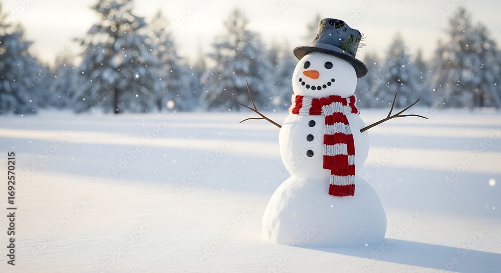 Fototapeta premium Happy Snowman in Snowy Forest.