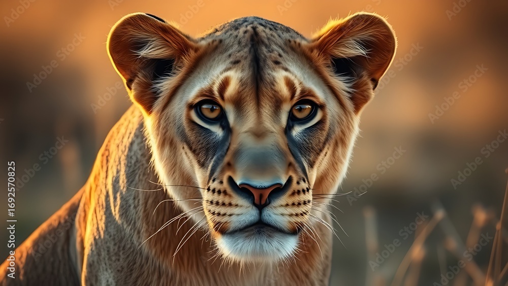 Fototapeta premium A lioness stares intently with golden savanna light highlighting her powerful and majestic presence.