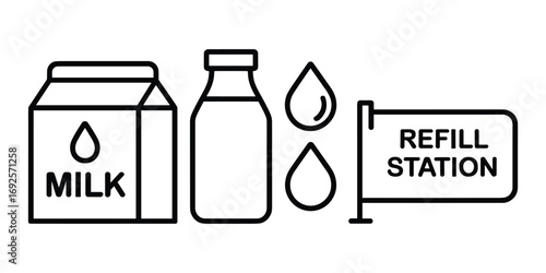 Milk Carton Bottle Drops And Refill Station Sign Keywords: milk, carton, bottle, liquid, drop, water, refill, station, sign