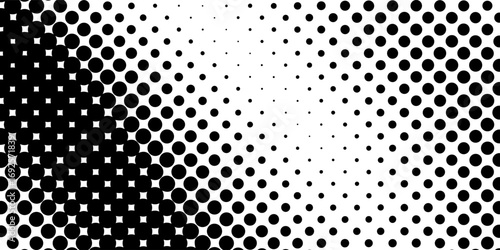Grunge halftone gradient background. Faded grit noise texture. White and black sand wallpaper. Retro pixelated backdrop. Anime or manga style comic overlay. Vector graphic design texture