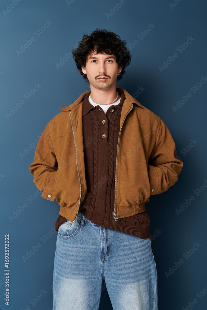 Fototapeta premium Stylish young man showcases contemporary fashion in urban setting, embodying modern trends and charm