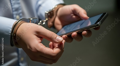 Handcuffed person operating a smartphone, symbolizing digital crime or arrest and legal consequences.