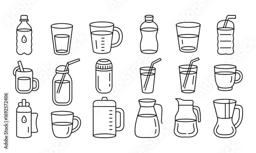 Outline icons of various drink containers, bottles, glasses, and pitchers for beverages Keywords: water bottle, glass, mug, cup