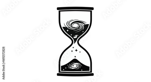 Cosmic hourglass symbolizes the vastness and passage of time with swirling galaxies.