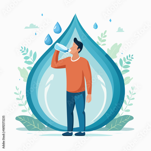 A clean, flat vector illustration of a man drinking water from a bottle, emphasizing the importance of hydration for a healthy lifestyle