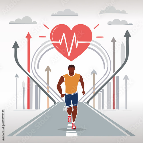 Clean vector illustration of a determined runner on an upward path, symbolizing heart health, fitness goals, and personal progress towards wellness and achievement