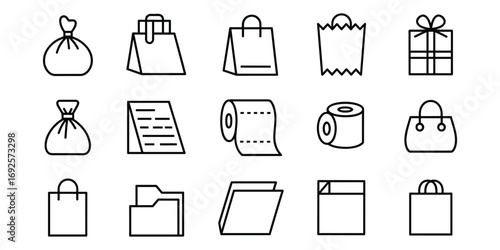 Shopping and gift icons in line art style on white background Keywords: shopping, retail, commerce, purchase, bag, shopping bag